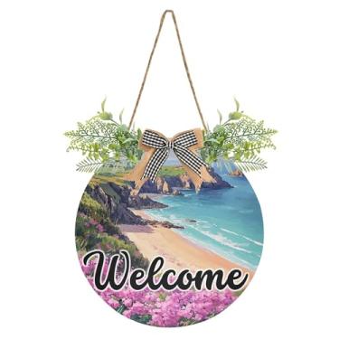 Imagem de SEHANY Placa de boas-vindas de flores e mar, decoração de porta da frente, guirlanda de boas-vindas redonda para decoração de casa de fazenda, varanda e pátio, 30 x 30 cm