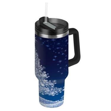 Imagem de Blueangle Copo de árvore de Natal de flocos de neve de 1,134 g com alça e tampa de palha, caneca de viagem de aço inoxidável isolada a vácuo de parede dupla, garrafa de água reutilizável para academia