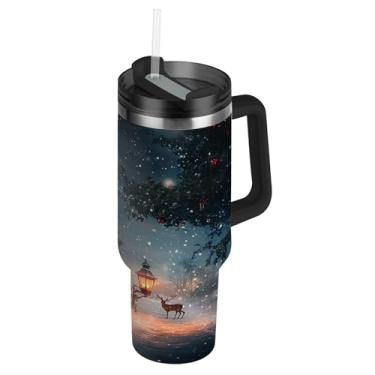 Imagem de Blueangle Copo de árvore de Natal de 1,134 g com alça e tampa de palha, caneca de viagem de aço inoxidável isolada a vácuo de parede dupla, garrafa de água reutilizável para academia de escritório ao