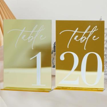 Imagem de Números de mesa de casamento de acrílico 1-20 com suportes, placas de acrílico espelhadas douradas de 12,7 x 17,8 cm com números brancos 3D, números de mesa 3D pretos e dourados para recepção de