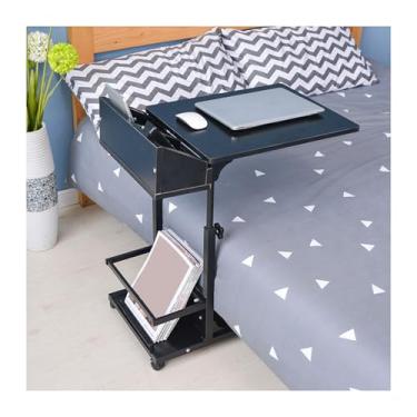 Imagem de Mesa overbed com rodas, estações de trabalho de computador com caixa de armazenamento de camada dupla faixa de elevação 55-80 cm estante de livros barras antiderrapantes arco desktop suporte de aço