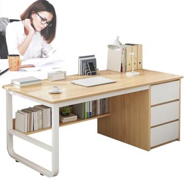 Imagem de Escrivaninha moderna de madeira com 3 gavetas, mesa de computador com prateleiras de armazenamento, pernas de aço, mesa de escritório em casa, mesa de estudo, mesa de trabalho para computador, mesa de