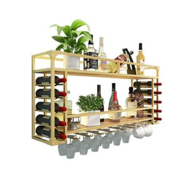 Imagem de Rack de vinho montado na parede, suporte de garrafa de vinho de bar com suporte de vidro, prateleira de garrafa de vinho de 3 níveis, suporte de garrafa de metal, suporte de armazenamento de vinho