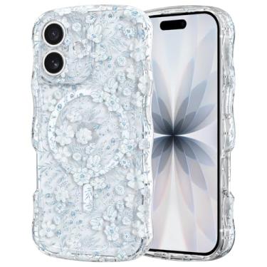 Imagem de RALEAVO Capa para iPhone 17 linda estampa floral [compatível com Magsafe] Capa de moldura ondulada transparente encaracolada para mulheres, capa acrílica à prova de choque antiderrapante para iPhone