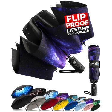 Imagem de TUMELLA Guarda-chuva de viagem invertido à prova de flip, pequeno, forte, mas leve, portátil e automático, guarda-chuva dobrável reverso, aderência premium durável, serve para carro e mochila
