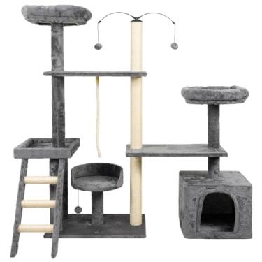 Imagem de Arranhador de gato grande, luxuoso, ajustável, multifuncional com casa, camas, poleiros, escada e brinquedo giratório