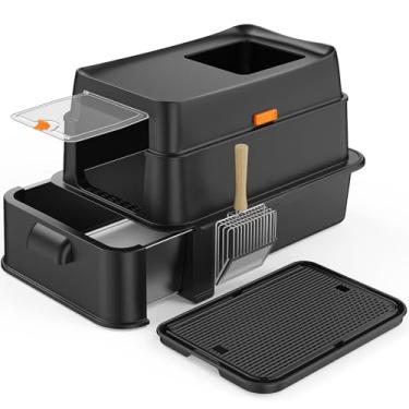 Imagem de HTii-ë XXL Caixa de areia para gatos de aço inoxidável com gaveta, caixa extra grande para gatos, caixa de areia de metal fechada com colher de areia, à prova de odor de urina, não pegajosa, fácil de