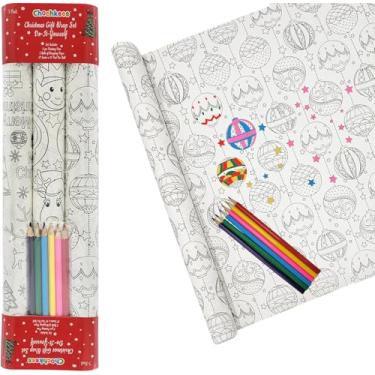 Imagem de Design de embrulho de presente com tema de Natal DIY, com 6 canetas de pintura incluídas, rolo de papel de embrulho branco para artesanato, folha de papel de embrulho de 44,5 x 457 cm (pacote com 3