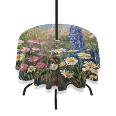 Imagem de CEBUGI Toalha de mesa redonda para uso ao ar livre, flores silvestres, impermeável, com furo Umberlla, capa de mesa lavável para pátio, cozinha, sala de jantar, 152 cm
