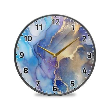 Imagem de WELLDAY Relógio de parede sem tique-taque 30,5 cm - Relógio redondo silencioso de quartzo operado por bateria de mármore azul para casa/escritório/cozinha/sala de aula