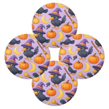 Imagem de Wassud Jogo americano conjunto de 4 lindos chapéus de bruxa de corvos tapetes de mesa redondos para cozinha e jantar tapetes laváveis resistentes ao calor decoração de mesa 39 cm