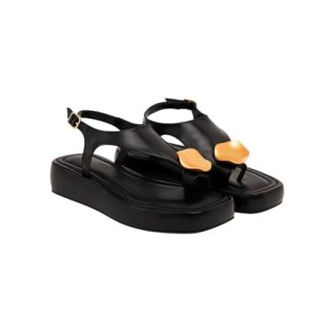 Imagem de Sandália Feminina Flatform Dedo Detalhe Dourado Conforto Estilo Moderno (PRETO, BR, Adulto, Numérico, 39)