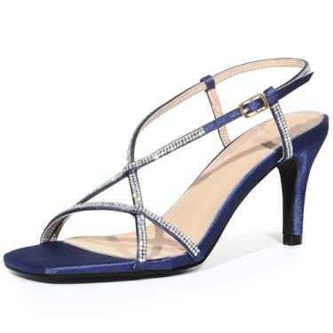 Imagem de Perphy Sandálias femininas de cetim com salto agulha cruzada, salto agulha e bico quadrado, Azul marinho, 35