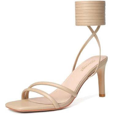 Imagem de RIBONGZ Sandálias femininas de salto alto com tiras quadradas, bico aberto, tira no tornozelo, cadarço, salto alto, sexy, para casamento, formatura, festa, conforto, Nude., 37