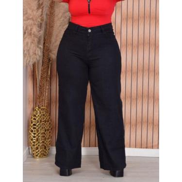 Imagem de Calça jeans wide leg preta plus size algodão cintura alta - Patricia R