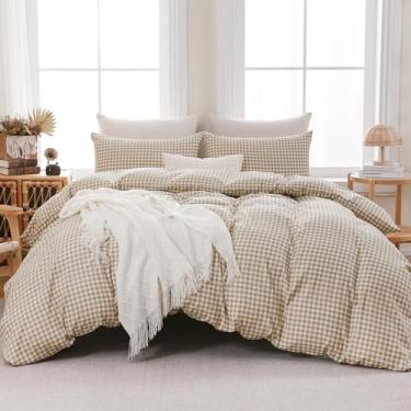 Imagem de YHJWW Conjunto de capa de edredom marrom guingão pré-lavado, extra macio, confortável, respirável, 3 peças, xadrez, quadriculado, vintage, conjunto de capa de edredom fofa estética (Queen 228 x 228 cm