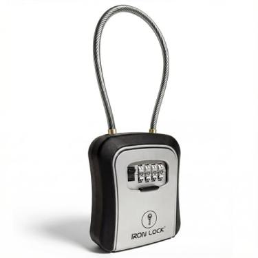 Imagem de Iron Lock Caixa de bloqueio de chave portátil com manilha de cabo e suporte de parede – caixa de metal à prova d'água para chaves com combinação de 4 dígitos e código redefinível – cofre para chaves