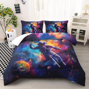 Imagem de AILONEN Conjunto de edredom Queen de astronauta 3D, céu estrelado e galáxia, planeta, para meninos e meninas, tema do espaço sideral, astronauta + 2 fronhas, 3 peças