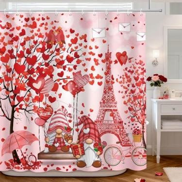 Imagem de MEHOFOND Cortina de chuveiro de dia dos namorados vermelho coração amor lindo gnomo cortina de chuveiro para banheiro Dia dos Namorados romântico rosa Torre Eiffel decoração de banheira tecido