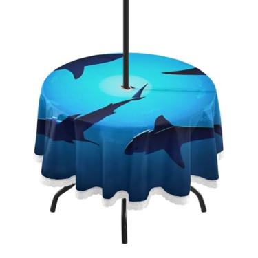 Imagem de Qilmy Floating Sharks Toalha de mesa redonda impermeável de 152 cm com orifício para guarda-chuva e zíper – uso externo / interno resistente para pátio, churrascos, piqueniques, festas (serve para