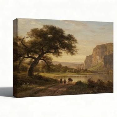 Imagem de Arte de parede em tela paisagem River Valley at Dusk, impressão de pintura a óleo Golden Hour, decoração de parede rústica para sala de estar quarto escritório, pronto para pendurar, exibição de mesa