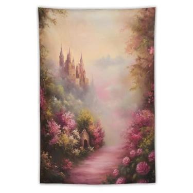 Imagem de Tapeçaria de parede de castelo de conto de fadas rosa romântico campo rosa pôr do sol sonho paisagem decoração pendurada para quarto dormitório sala de estar princesa kawaii estética 40 x 60 tapeçaria