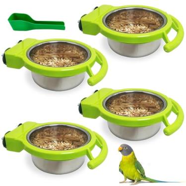 Imagem de BNOSDM Tigelas suspensas de aço inoxidável para pássaros, 4 peças, copos de prato para alimentação de pássaros com suporte de poleiro, recipiente de comida e água, tigelas com colher para periquitos