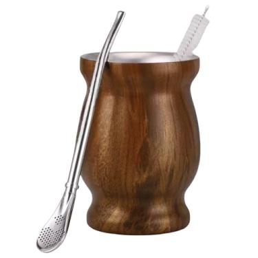 Imagem de FAMKX Copo de Erva Mate de 227 g com canudo Bombillas e escova de limpeza, caneca de cabaça de viagem de parede dupla de aço inoxidável, (grão de madeira)