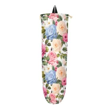 Imagem de Porta-sacos plásticos florais rosa aquarela, suporte de saco de cozinha, suporte reutilizável para sacolas de compras