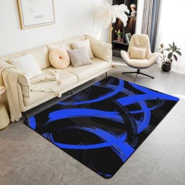 Imagem de Tapete de área preto azul real abstrato moderno linha simples tapetes de entrada para decoração de quarto de crianças, meninos e meninas, tapetes geométricos estéticos antiderrapantes absorventes, 1,5