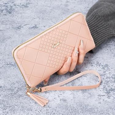 Imagem de Carteira feminina de couro genuíno com dobra dupla/tripla - Suporte minimalista para cartão de crédito com bloqueio de RFID e bolso para moedas, rosa, Casual