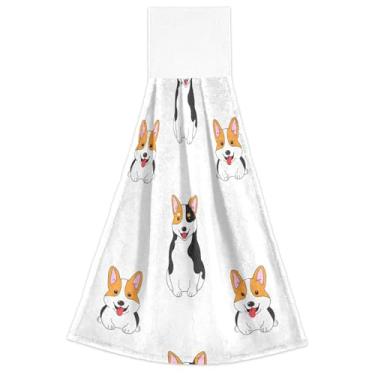 Imagem de Toalhas de cozinha de mão com laço para pendurar bonito cachorro corgi amarelo branco forno toalhas de dedo conjunto de 2, toalha de mão de cozinha ultra absorvente decorativa, 18,2 x 14 polegadas