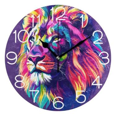 Imagem de GAIGEO Relógio de parede analógico decorativo divertido alimentado por bateria relógio de cozinha rústico, sala de estar, decoração de parede moderna, cabeça de leão colorida, 25 cm, ponteiros pretos