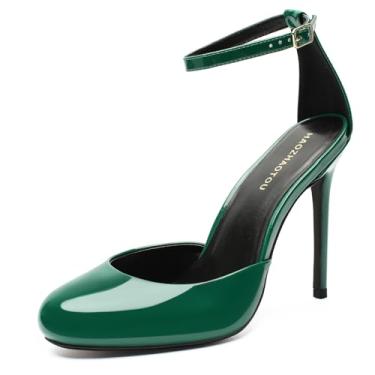 Imagem de HAOZHAOTOU Sapato masculino unissex com bico redondo, salto alto, couro envernizado, salto alto e tira no tornozelo, elegante, vestido de festa, Verde, 16 Women/14 Men