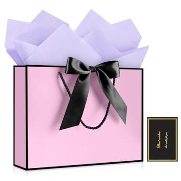 Imagem de JMANNI 1 bolsa de presente grande com fita e 1 cartão de felicitações, 2 papéis de seda, bolsa de presente de papel portátil com alças, sacos de presente de aniversário para festa de casamento, dia