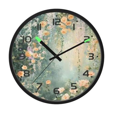 Imagem de SEHANY Relógio de parede vintage com flores de videira silencioso, sem tique-taque, relógio redondo operado por bateria, controle de som, luz noturna, relógios de parede para sala de estar, cozinha