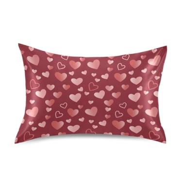 Imagem de Wassud Fronha de cetim para o dia dos namorados com coração vermelho para cabelo e pele, fronhas de seda lisa, tamanho padrão, respirável, com fecho de envelope