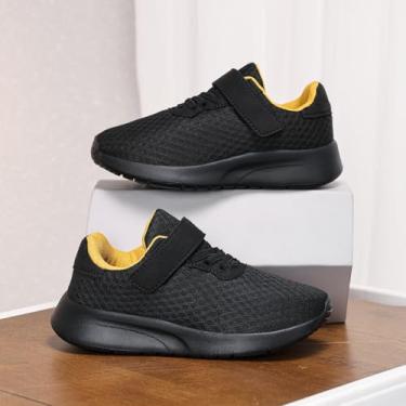 Imagem de Tênis de corrida infantil para meninos e meninas, tênis para atividades ao ar livre, antiderrapante, respirável, macio, Preto, dourado, 12 Little Kid