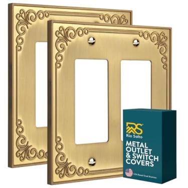 Imagem de Rio Salto Palazzo Collection Capa de placa de parede de tamanho médio, capa de interruptor de luz de metal dourado, capas decorativas para tomadas de luz (latão escovado, 2 peças com 2)