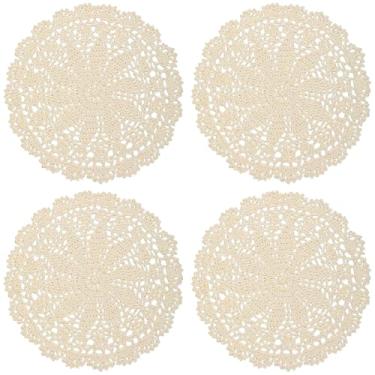 Imagem de 4 peças de guardanapos para mesas bege vintage rendado crochê móveis 25 cm jogo americano redondo para casa, cozinha, sala de jantar, decoração de festa de casamento