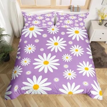 Imagem de Erosebridal Capa de edredom infantil solteiro com estampa de flores de desenho animado para crianças, meninos e meninas, capa de edredom com margarida branca e roxa, jogo de cama floral descolado