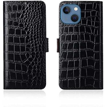 Imagem de EKESA Coldre de capa de telefone flip padrão de crocodilo, capa de suporte fólio magnético de couro genuíno [suporte de cartão] para Apple iPhone 14 Plus 2022 (Cor: Preto)