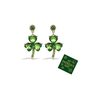 Imagem de Brincos de Dia de São Patrício para mulheres, brincos de trevo verde com pingente de strass, brinco irlandês, roupas de Dia de São Patrício para mulheres, Metal, Sem pedra preciosa