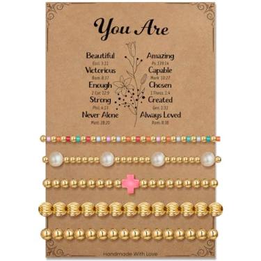 Imagem de Pulseira de contas de placa de ouro para mulheres: Pulseira de cruz de pérola delicada banhada a ouro 14K extensível para mulheres - Presentes de aniversário de Natal para filha, sobrinha, neta, 6.7