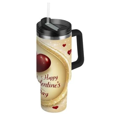 Imagem de ATTX Copo de Dia dos Namorados de 1,134 g com alça, copo de aço inoxidável a vácuo de parede dupla com palha, caneca de café de viagem isolada #233