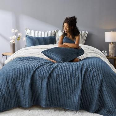 Imagem de Wonderful Conjunto de colcha de veludo azul listrado com ponto canal, edredom leve de luxo, adequado para animais de estimação, resistente a rasgos, 269 cm x 238 cm (azul lago claro)