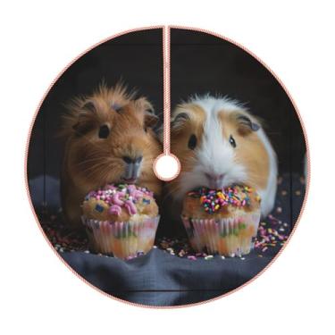 Imagem de Saia de árvore de Natal com estampa de porquinhos-da-índia e cupcakes, decorações de Natal rústicas, decoração de festa de inverno e ano novo