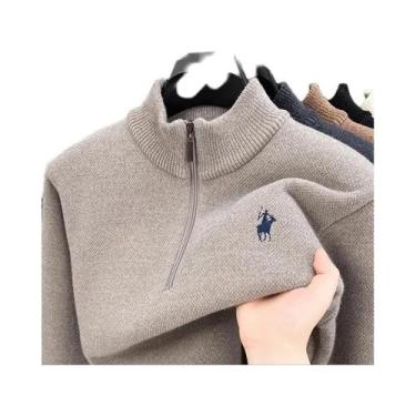 Imagem de Suéter Masculino De Tricô Grosso De Lã De Vison Com Meio Zíper E Gola 