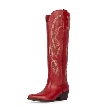 Imagem de QIY Botas femininas caubói, cano alto, cano alto, com strass, bico fino, salto grosso, bota ocidental, Vermelho, 37
