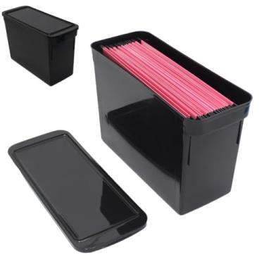 Imagem de Organizador de arquivos com tampa para pastas suspensas e documentos, caixa resistente para escritório e home office, armazenamento prático de objetos e papéis diversos (Preto)